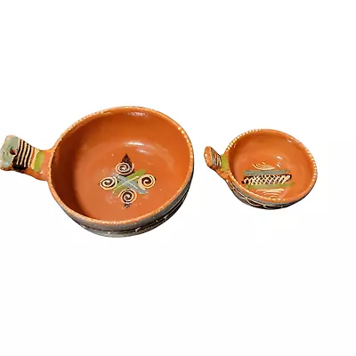 Lot Of 2 Red Clay Brown Mexican Art Pottery Nesting Bowls With Handles • $22