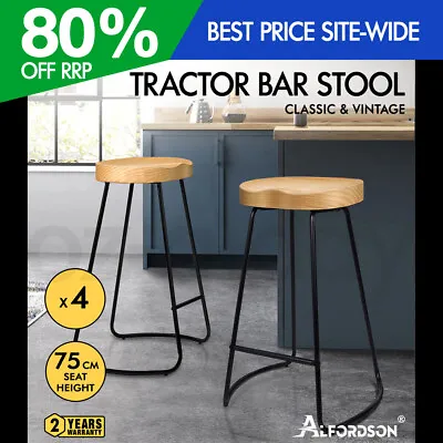 $289.95 • Buy ALFORDSON 4x Bar Stools 75cm Tractor Kitchen Wooden Vintage Chair Natural