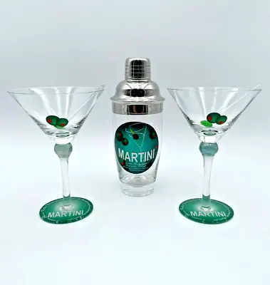 VTG Retro Barware Martini Shaker 20 Oz & 2 Martini Glasses W/ Glass Olive Picks • $74.99