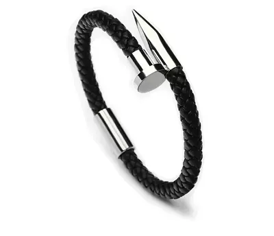 8  Mens Womens Stainless Steel Nail Bangle Black Braided Leather Bracelet  • $14.99