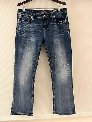 Miss Me Mid Rise Easy Boot Cut Jeans Womens Size 32 Stretch Distressed Blue • $34.99
