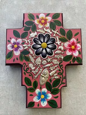 Mexican MILAGROS CROSS Wood Cross LG  10”x 9” X 2” Mexican Folk Art • $49.99