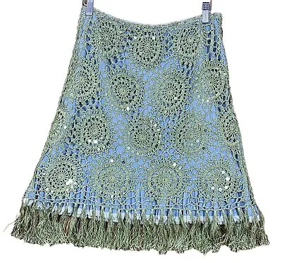 Vintage Crochet Mini Skirt Over Denim Green Fringe Size 4 Stretchy D1 • $29