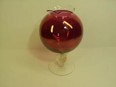 Vintage Glass Cranberry Ball Vase Clear Stem Cambridge Glass Ruffled Edge • $12.95