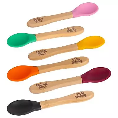 6pc Tiny Dining Team Pink Bamboo Baby Feeding Spoon Set Soft Tip Toddler Weaning • £12