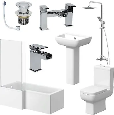 L Shaped Bathroom Suite Close Coupled Toilet Basin Bath Screen Taps Complete Set • £718.63