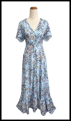 NWOT CAROLINE MORGAN Women's Blue Floral Boho Button Front Maxi Dress Size 12 • $39.95