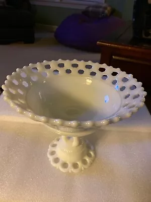 Vintage 9” X 7” Milk Glass Pedestal Fruit Bowl Lace Edge Footed Bowl • $35.99