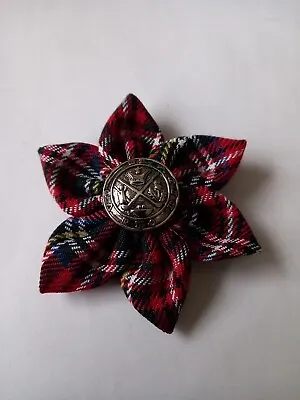 RED TARTAN BROOCHES/ BUTTONHOLE WITH SILVER COAT OF ARMS STYLE CENTRE. 7.5cm  • £4.99