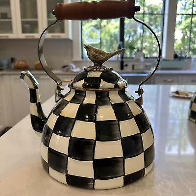 Mackenzie Childs Courtly Check Enamel Tea Kettle Teapot 3 Qt Bird Finial PERFECT • $279