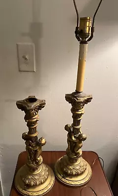 PAIR CUPID Cherub Antique Metal Bronze-tone Finish Candlesticks For LAMP BASES • $300