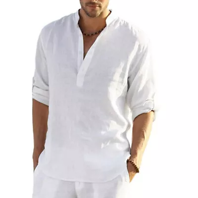 Mens Solid Linen Beach Shirts Cotton Casual Loose Summer Shirt Blouse Tops US • $19.09