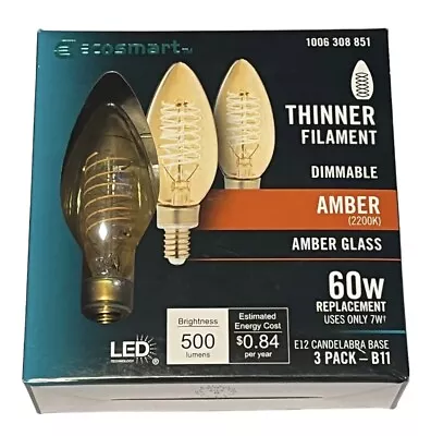 EcoSmart 60 Watt Equivalent B11 Dimmable E12 Candelabra LED Bulb Amber 3 Pack • $5.99