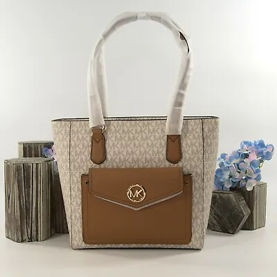 Michael Kors Joey Vanilla Monogram Acorn Leather Pocket Travel Tote NWT • $129.15