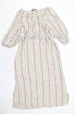 Marks And Spencer Womens Multicoloured Striped Linen A-Line Size 8 Round Neck Pu • £4.25
