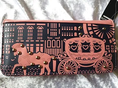 Horse Carriage Cinderella Purse 20 X 10 Cm Navy  Pink Gold Studs Zip Around BNWT • £2.99