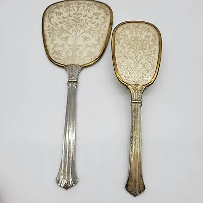 Vtg Antique Vanity Dresser Set Hand Held Mirror Hair Brush Silver Gold Floral • $14.95