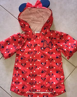 DISNEY All Over Minnie Mouse Fold Away Pouch Full Zip Rain Jacket 5/6 Hood Ears • $13.48