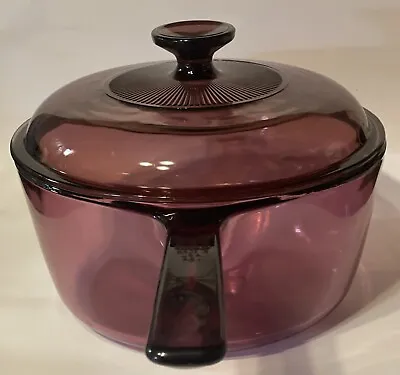 Vision Corning Ware  Cranberry Glass 2.5L Sauce Pan With Lid USA Made • $39.95