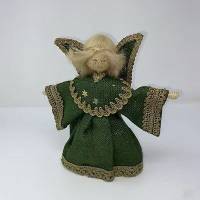 Vintage Angel Burlap Doll Tree Topper Girl Blonde Hair Green Dress Handmade 11” • $22.50