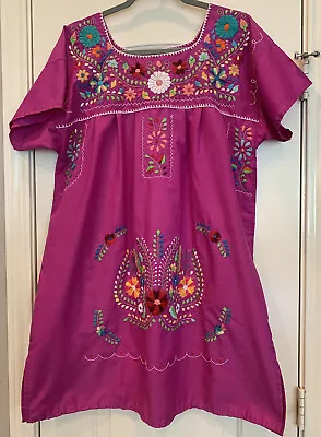 Mexican Dress Tunic Embroidered FLORAL Fiesta Boho Festival Large Purple Magenta • $49.99