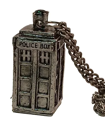 Dr. Who 'Tardis' Police Box Pendant Necklace Silver Tone Great Patina • £17.37