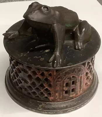 Antique Cast Iron 1872 J & E Stevens Frog On Round Red Lattice Mechanical Bank • $375