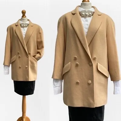 Vintage Coat 10 12 Wool Yellow 80s Peacoat Cocoon Spring Jacket Cashmere Blazer • £39.89