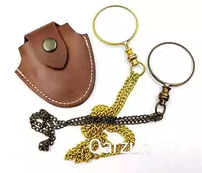 Magnifying Glass Necklace Chain & Leather Case - Round Monocle - Old Vintage • $35.15