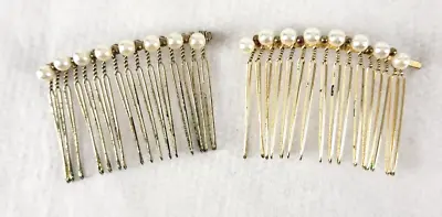 Vintage Hair Accessories 2 Combs Gold Tone Twisted Metal Beaded Faux Pearl White • $15.99