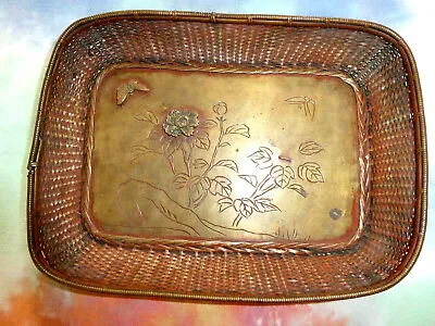 Antique Meiji Period Mixed Metal Basket Weave Tray Japanese Butterfly Figural • $115