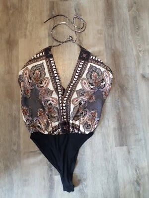 £0.99 • Buy 🖤 NWOT Shein Patterned Halterneck Tie Back Loose Bodysuit Size M 10 12 New! 🖤