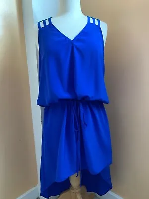 Women's Electric Blue Mason Dress Size 4 Aqua Blue Straps Drawstring Waist Silk • $21