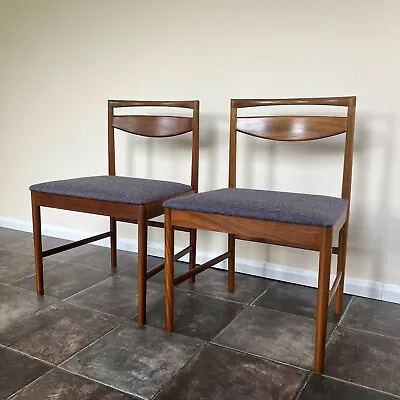 Pair Mid Century Teak McIntosh Dining Chairs Re-Upholstered In Flint Grey Wool • £345