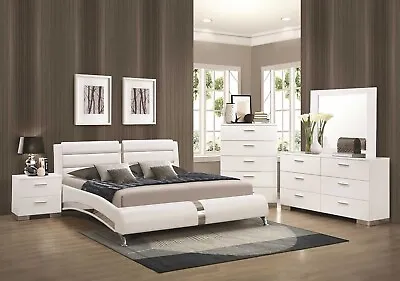 NEW Ultra Modern Glossy White & Faux Leather 5 Piece Queen King Bedroom Set IA96 • $2044.72