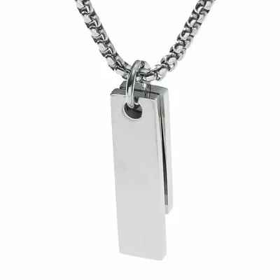 Fashion Silver Rectangle Stainless Steel Pendant Necklace Long Chain Men Jewelry • £4.46