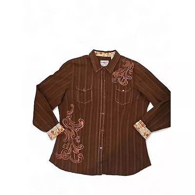 Vintage Roper Womens Shirt Brown Western Embroidered Size XL Floral Cuffs • $23.99