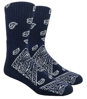 Navy Blue  Paisley Bandana Pattern Print Knit Men’s Crew Socks Tube “Mad Toro” • $7.49