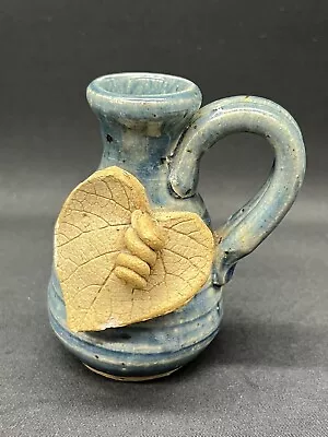 Signed Studio Thrown Pottery Mini Bud Vase Vintage Appliqué Leaf Heart Glazed • $12.62