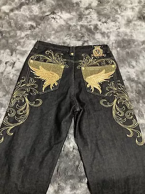 Victorious Jeans Mens 36x34 Urban Couture Black Wide Baggy Rhinestones Cyber Y2k • $99.95