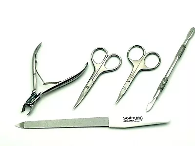 5pc SOLINGEN MANICURE SET NAIL CUTICLE SCISSORS CUTICLE NIPPERS PUSHER NAIL FILE • $39.95