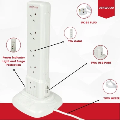 £15.99 • Buy 10 Way Gang 2m 2usb Surge Protected Cable Tower Extension Lead Multi Plug Socket