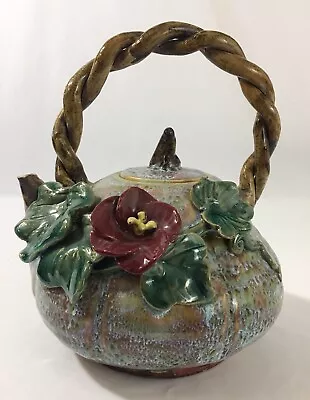 Majolica Flower Teapot Earthenware Pottery Flower Leaf Vine Gourd Heavy Vintage • $51.99