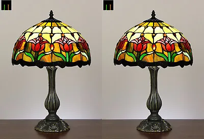 Pair Of 2 JT Tiffany Stained Glass Tulip Style Bedside Table Lamps • $399.99