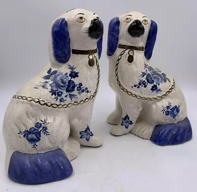 Antique Pair Of Victorian Blue And White Staffordshire Mantle Wally Dogs Rare • £149.99