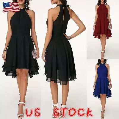 Womens Halterneck Mini Dress Chiffon Ladies Evening Party Cocktail Dress Size US • $26.09