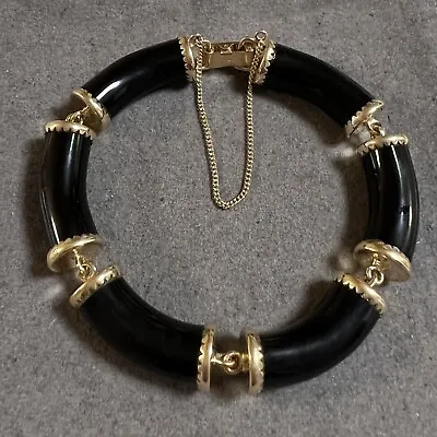 Vintage Mings 14 Karat Yellow Gold Black Jade Bracelet Signed • $1200
