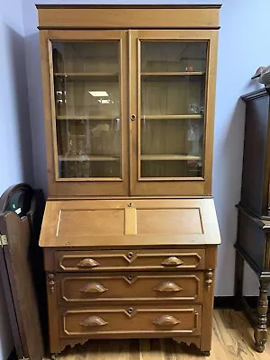 ATQ 1900 Rockford Union Hand Carved Solid Maple Wood Secretary Desk Hutch - 83”H • $1199.99