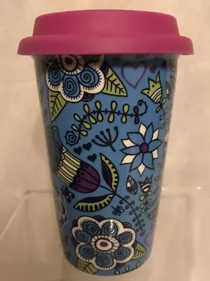 New Eco One 10oz Ceramic Double Wall Insulated Travel Coffee Mug Blue Flowers • $12