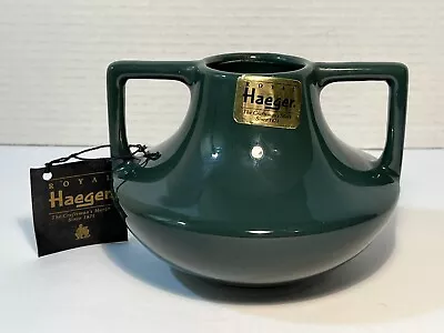 Vintage ROYAL HAEGER ART DECO Vase Double Handled High Gloss Green EVE? 4 1/4” • $36